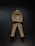 A brown tweed suit, consisting of a jacket and trousers, hangs against a dark background. The suit is displayed on a wooden hanger, showcasing its classic design and texture.