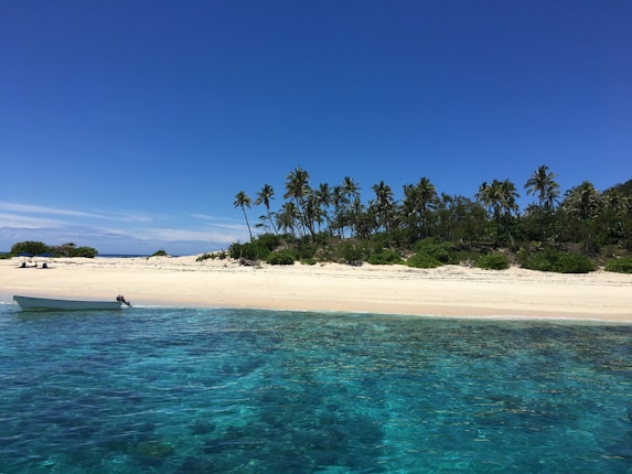 A serene tropical island scene with a sandy beach bordered by lush greenery and tall palm trees. The foreground features clear blue water with a small motorboat nearby. The sky is bright and cloudless, adding to the peaceful atmosphere.
