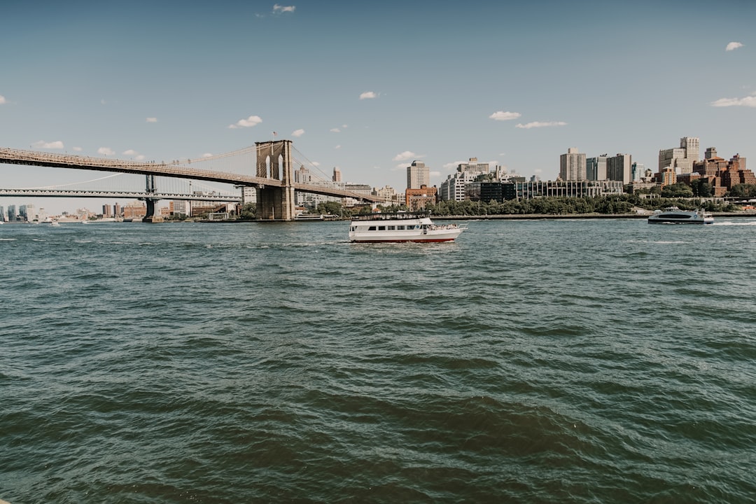 white ship with city skyline background