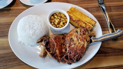plate of grilled meat, grilled fruit, and steamed rice