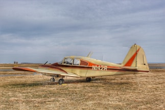 A vintage airplane with red and beige colors rests on a grassy field under a cloudy sky. The aircraft, displaying the registration number N142R, appears to be stationary with no visible activity around it. In the distance, there are silos and open landscape, indicating a rural or remote location.