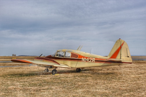 A vintage airplane with red and beige colors rests on a grassy field under a cloudy sky. The aircraft, displaying the registration number N142R, appears to be stationary with no visible activity around it. In the distance, there are silos and open landscape, indicating a rural or remote location.