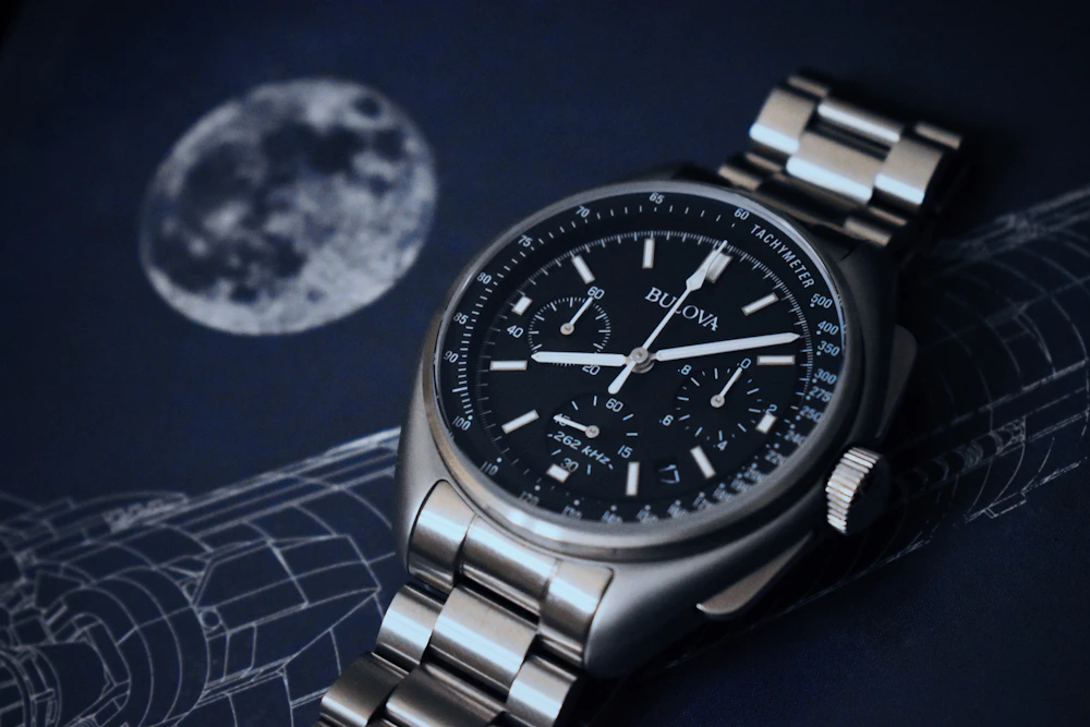 Silver and black watch macro