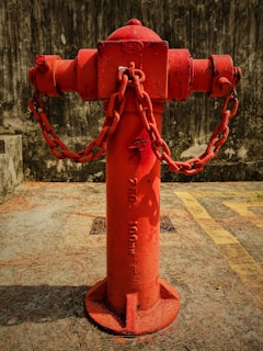 A bright red fire hydrant is prominently positioned in the center, with heavy chains attached to its sides. The hydrant is placed on a concrete surface marked with yellow lines and surrounded by scattered dry pine needles. The background consists of a dark, textured wall that contrasts with the vibrant color of the hydrant.