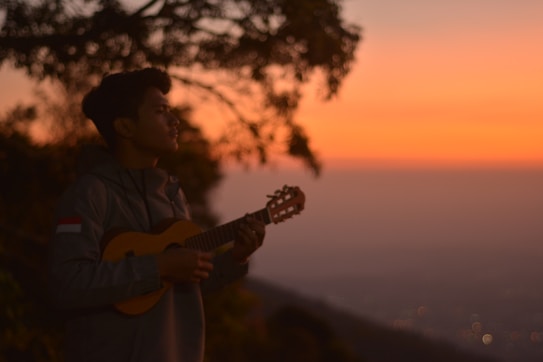A person playing a string instrument, potentially a ukulele, stands against the backdrop of a stunning orange and pink sunset. Silhouetted trees frame part of the sky, adding depth and contrast to the scene. The mood is peaceful and contemplative, enhanced by the warm hues of the sunset.