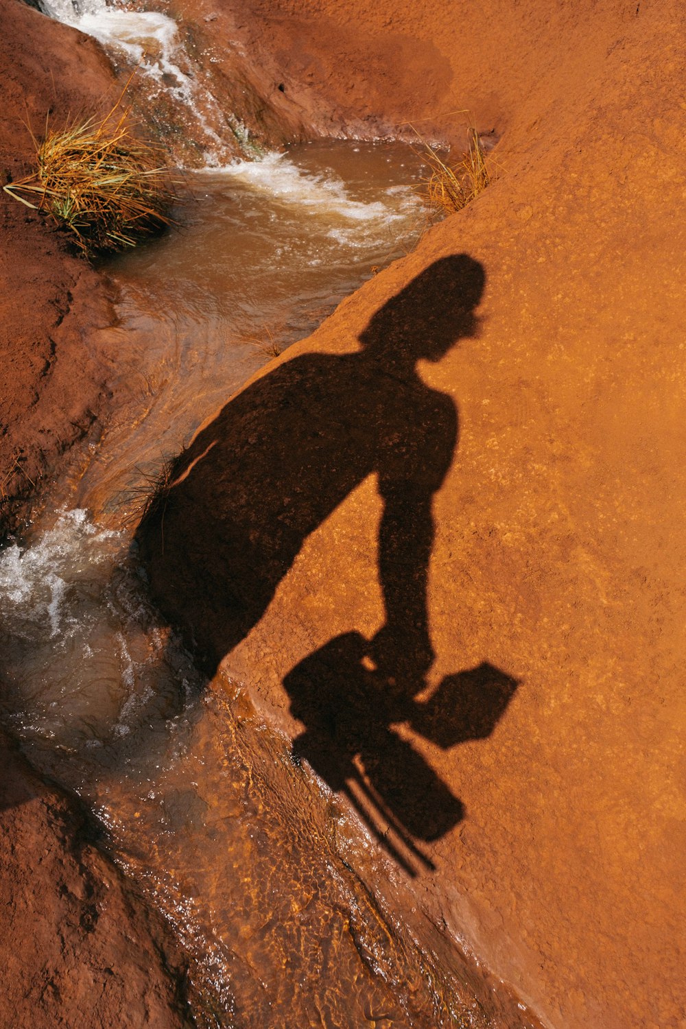 a shadow of a person standing on a rock