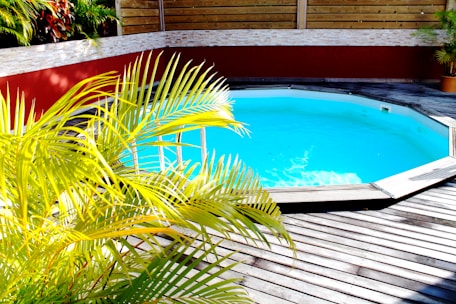 An above ground steel wall pool surrounded by lush greenery and a wooden deck.