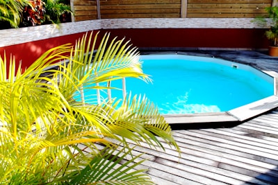 A beautifully designed bio-pool surrounded by wooden decking and native plants.