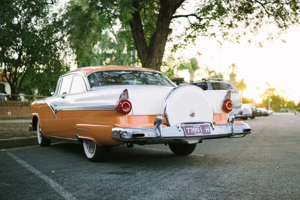 white and brown classic coupe on park