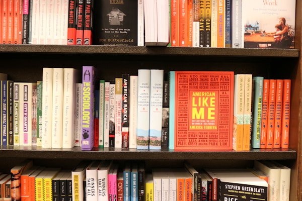 A bookshelf filled with various books of different sizes and colors. The books are neatly arranged in multiple rows. In the center of the middle shelf, there is a prominent book titled 'American Like Me' with a bright orange cover and yellow text.