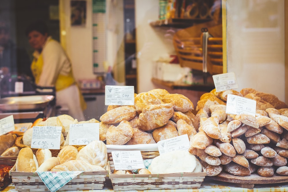 assorted breads display on table