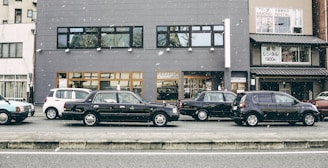 A row of parked cars is lined up along a street in front of a gray building. Snowflakes are gently falling, adding a serene atmosphere. The building features large windows and contains a sign for kimono rental services. Various cars, including a black sedan and a white compact car, are visible.