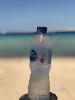 A plastic water bottle held up against a backdrop of a beach with sand and the ocean. The label on the bottle reads 'Nestlé Pure Life'. The bottle is slightly condensation-covered, suggesting a cool temperature.