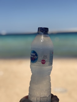 A plastic water bottle held up against a backdrop of a beach with sand and the ocean. The label on the bottle reads 'Nestlé Pure Life'. The bottle is slightly condensation-covered, suggesting a cool temperature.