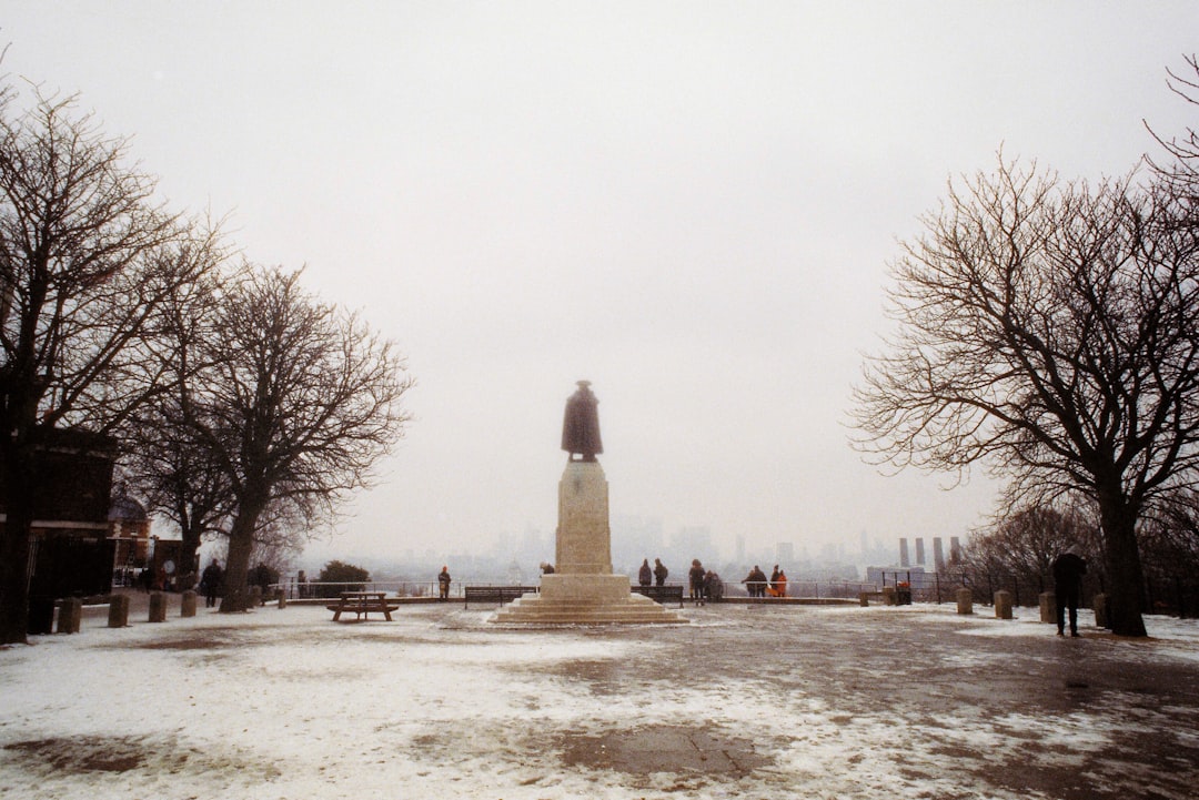 statue near bare trees under cloudy sky at daytime