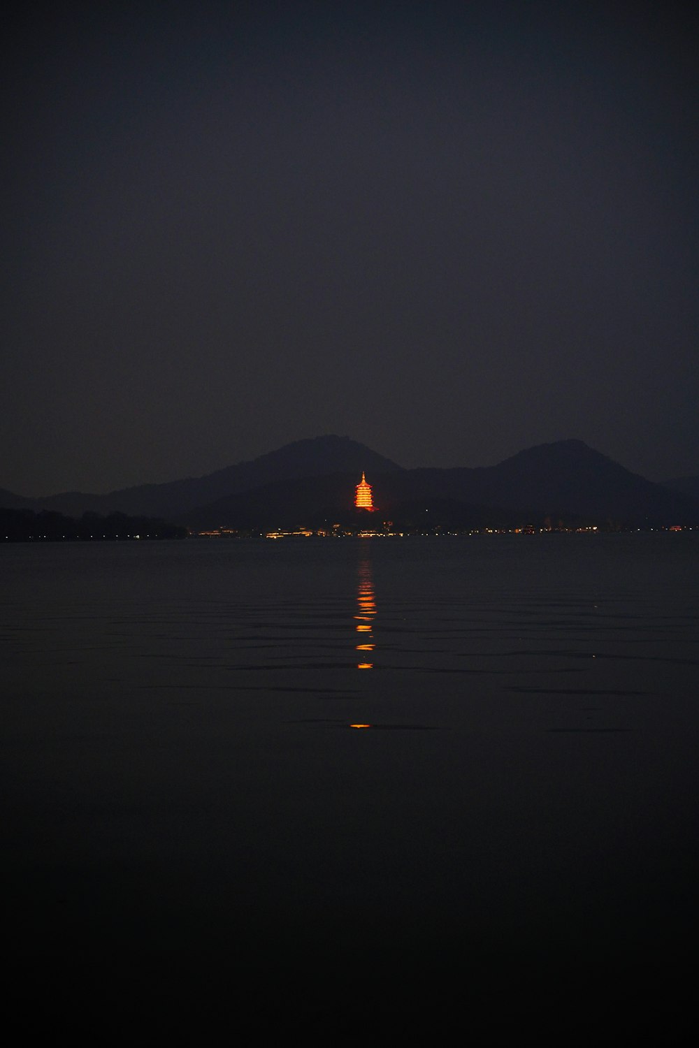 lake near mountain at night
