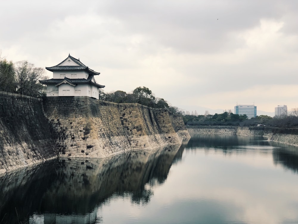 white and black concrete building beside river