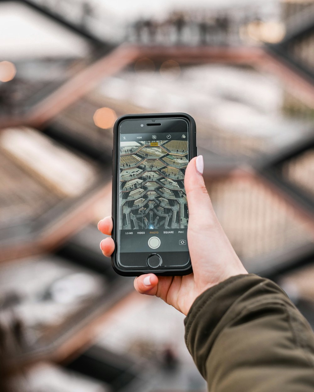 person showing photo of green field on smartphone