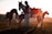 A group of horses and people are captured in a serene, sunlit landscape. One person is standing with the horses, touching a smaller one. The silhouettes create a peaceful composition against the setting sun, casting warm light over the scene.