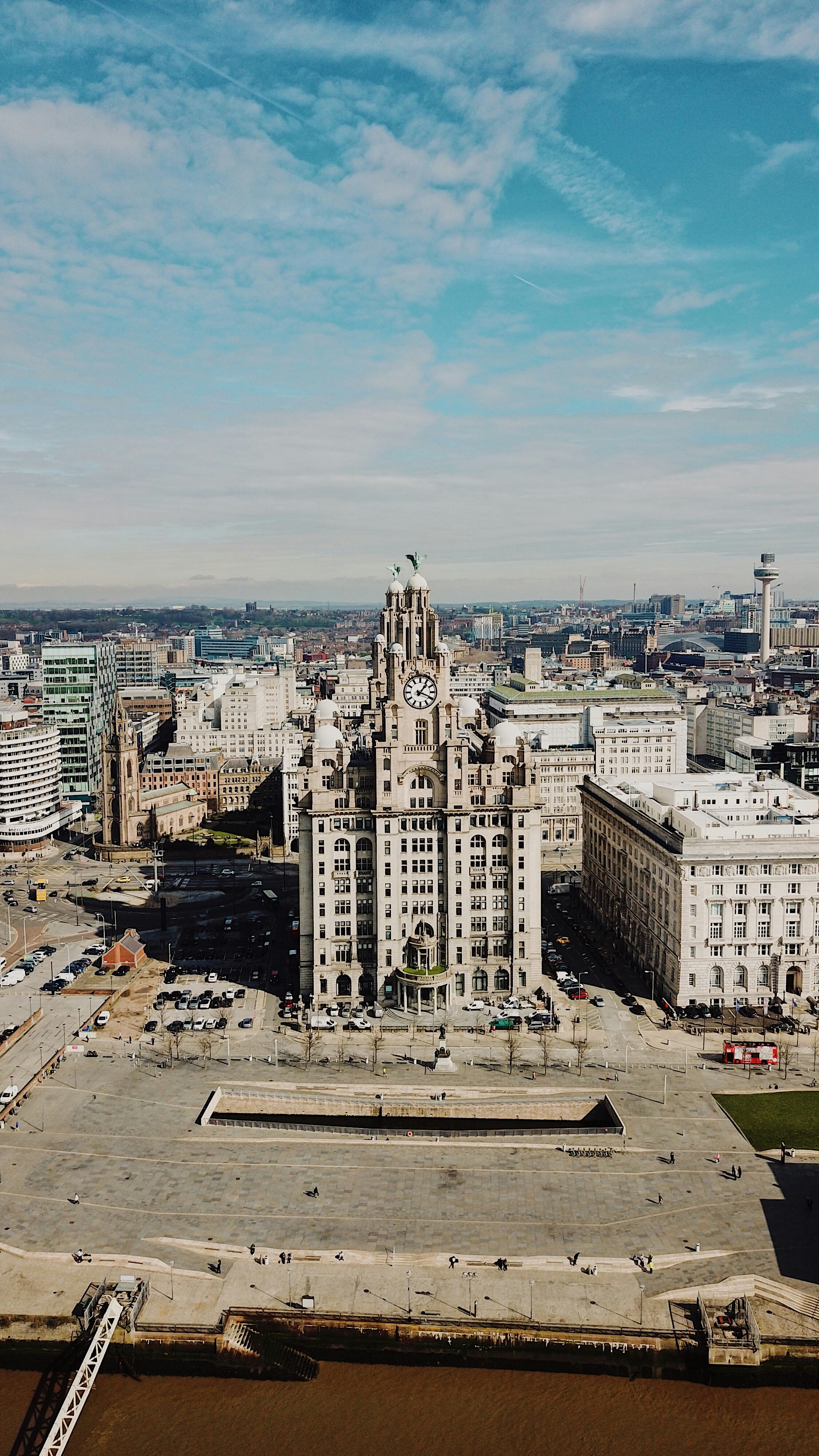 An aerial drone photo of the Royal Liver Building, Pier Head, Liverpool UK. Photo taken with a DJI Mavic Pro drone