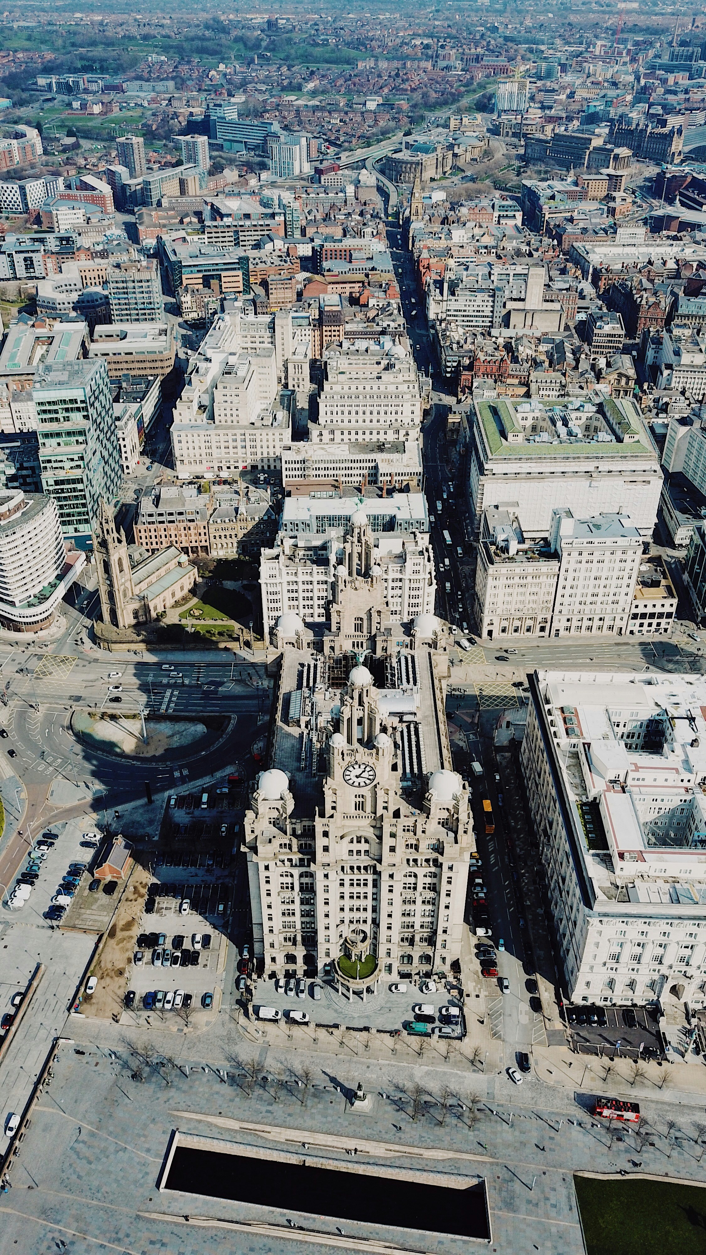 A drone photo of the Royal Liver Building in Liverpool, UK. Photo taken with a DJI Mavic Pro
