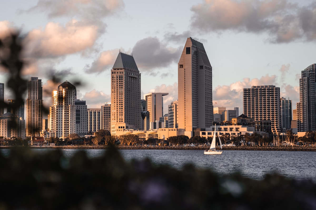 San Diego cityscape with the bay and waterfront buildings viewed from across the water, showing the urban landscape NBSD families commute through