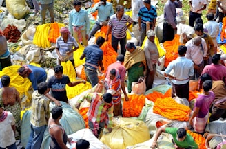 A bustling flower market with numerous vendors and buyers interacting amidst large bundles of vibrant orange and yellow marigold garlands. The scene is lively and crowded, with people standing close to each other, some negotiating prices, and others handling the flowers. The flowers are arranged in large, colorful mounds, creating a vivid display.