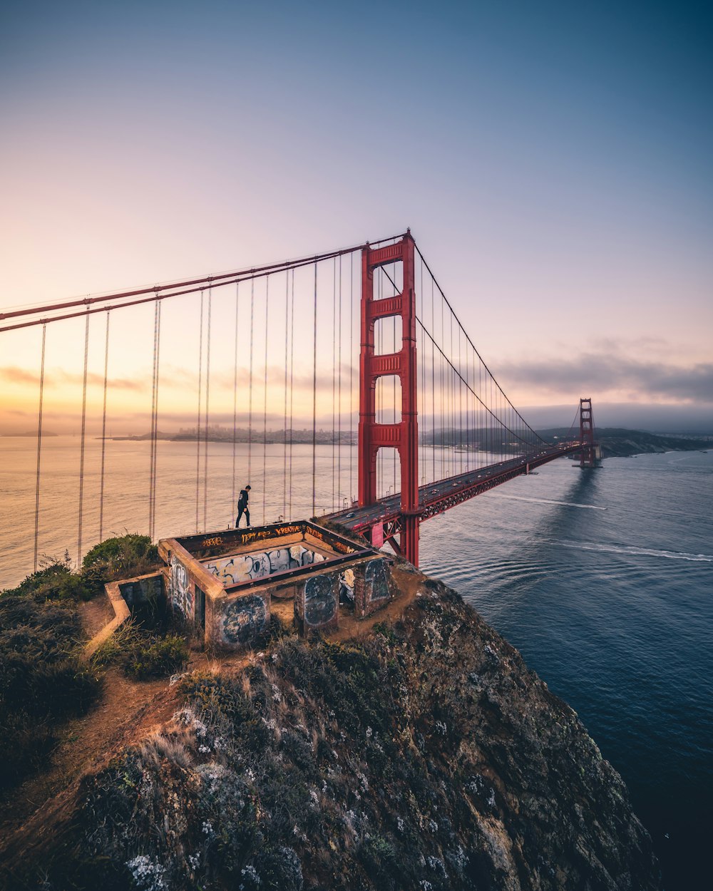 person walking on Golden Gate bridge