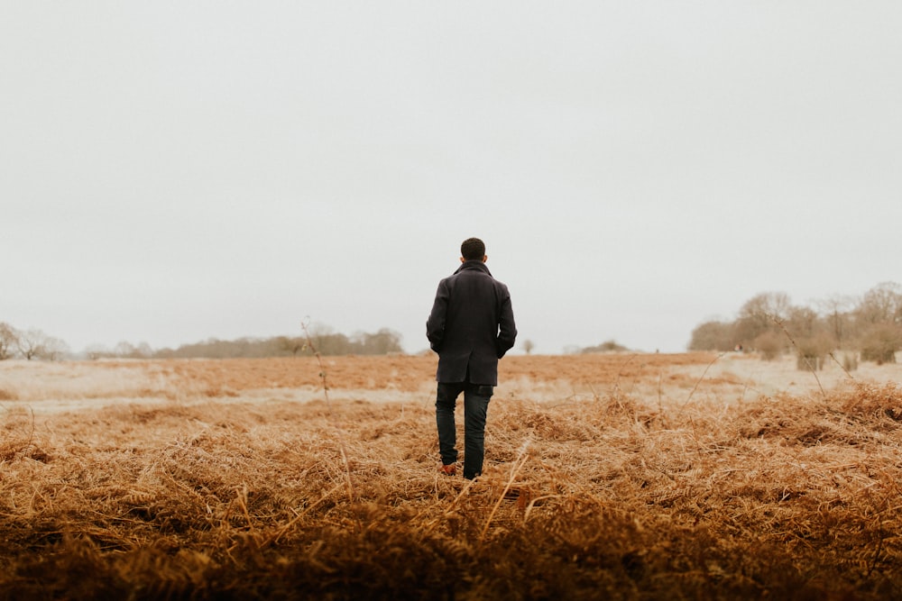 man walking on brown grass field