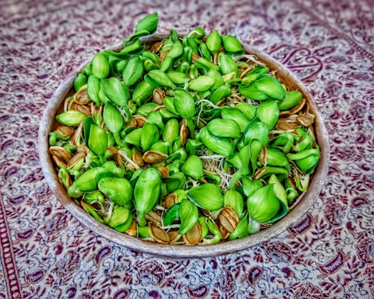 A wooden bowl filled with green sprouting seeds and brown seeds lies on a patterned fabric with intricate designs in shades of red and gray.