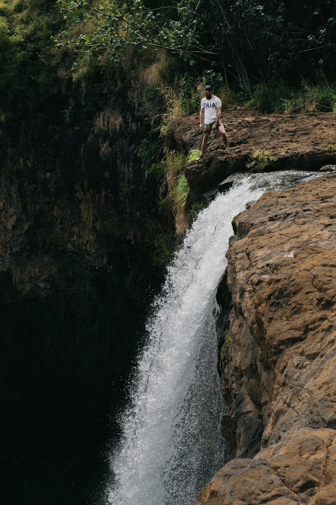 person standing atop waterfall