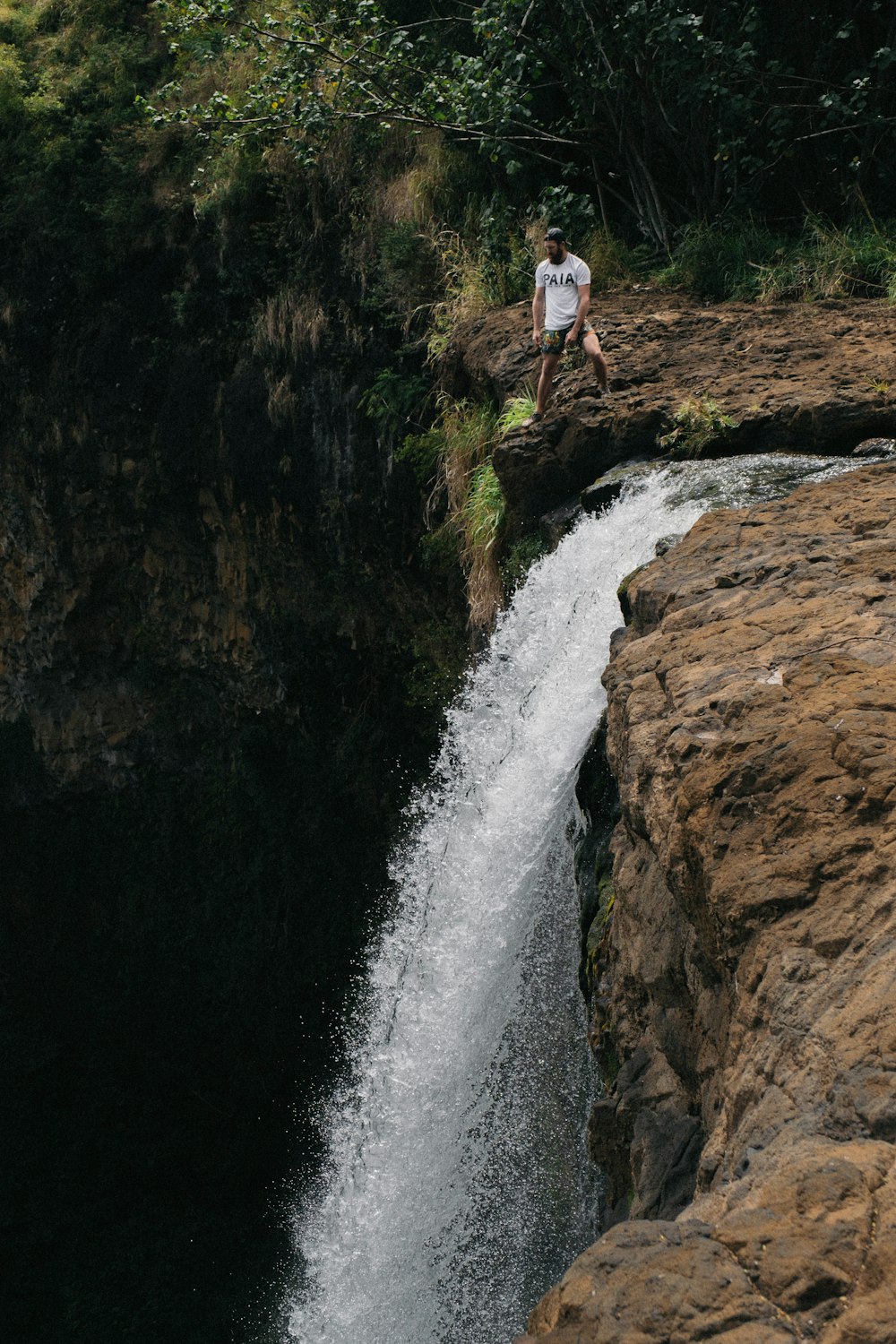 person standing atop waterfall
