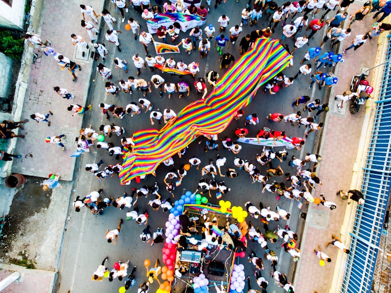 an aerial shot of a pride celebration