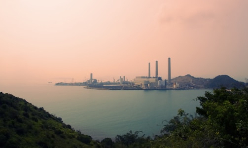 A coastal industrial facility features multiple tall chimneys and utility structures situated by the sea. The foreground includes lush green vegetation on a hill contrasting with the industrial area. The sky is hazy with a pinkish hue, suggesting pollution or sunrise/sunset conditions.