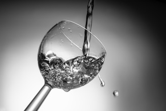 A stream of liquid is being poured into a tilted wine glass, capturing the motion with splash and droplets. The image is in black and white, highlighting the clarity and reflection of the glass.