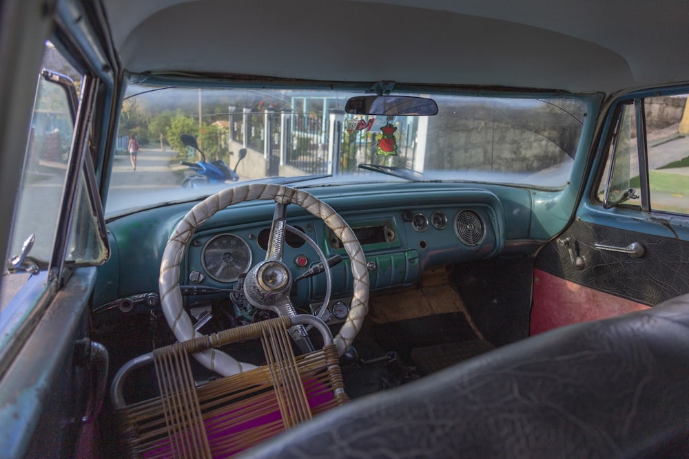 classic teal Volkswagen Beetle interior