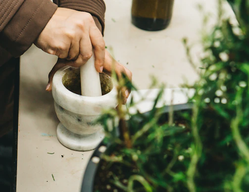 Hands gently holding a mortar and pestle with fresh herbs being ground, symbolizing traditional medicine preparation.