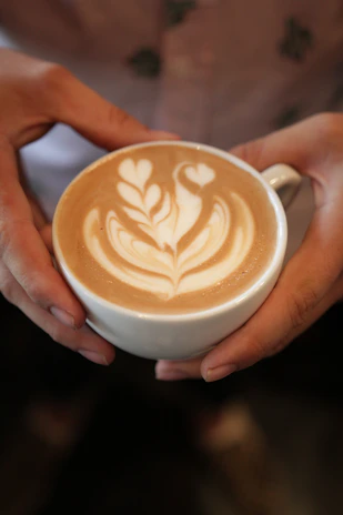 Hands holding a cup with an intricate swan pattern latte art on top.