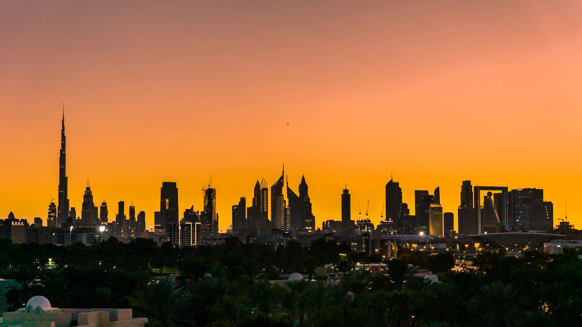 Downtown Dubai skyline at sunset