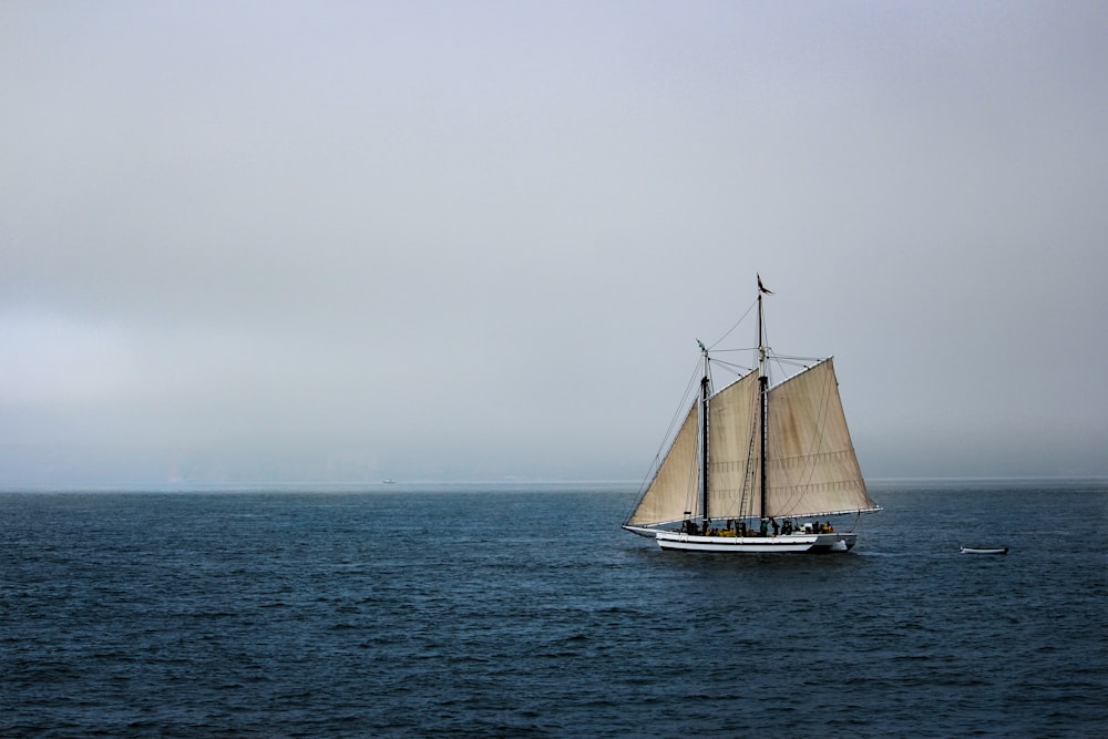 few people in brown sailing boat on sea