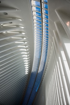An interior architectural scene featuring a curved ceiling with a long skylight allowing natural light to illuminate the space. The structure is composed of repetitive, vertical white beams which create a sense of depth and dynamism. The skylight reveals a patch of blue sky, contrasting with the white interior.