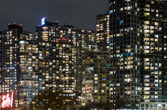 A nighttime cityscape with glowing windows, symbolizing global connections and dreams taking flight.
