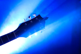 Artistic shot showcasing detailed digital blueprints of a guitar design on a laptop screen.