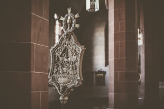 An ornate ancient icon displayed prominently within the church sanctuary.