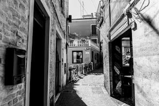 grayscale photography of alley between buildings