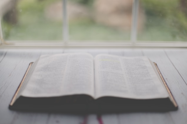 A serene landscape with an open Bible resting on a wooden table, surrounded by nature.