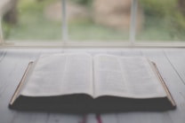 An open book lies on a wooden surface near a window. The pages of the book appear to be text-rich, suggesting it might be a Bible. The background shows soft, blurred greenery through the window, creating a calm, serene atmosphere.