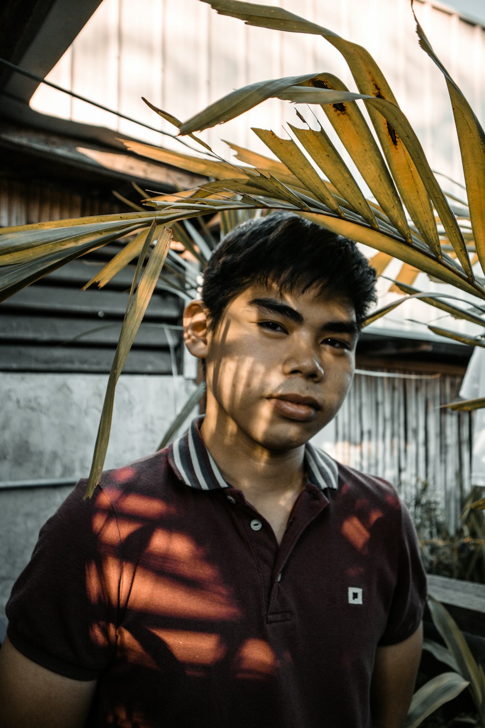 man wearing brown polo shirt