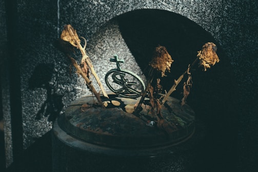 A still life composition featuring dried flowers arranged around a metal dome with a partially visible cross symbol. The shadows and lighting create a dramatic and somber atmosphere, enhancing the texture of the flowers and metal surface.
