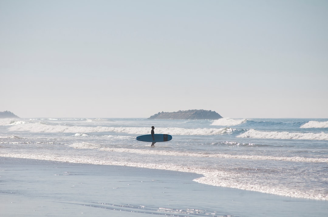 person holding surfboard on shore